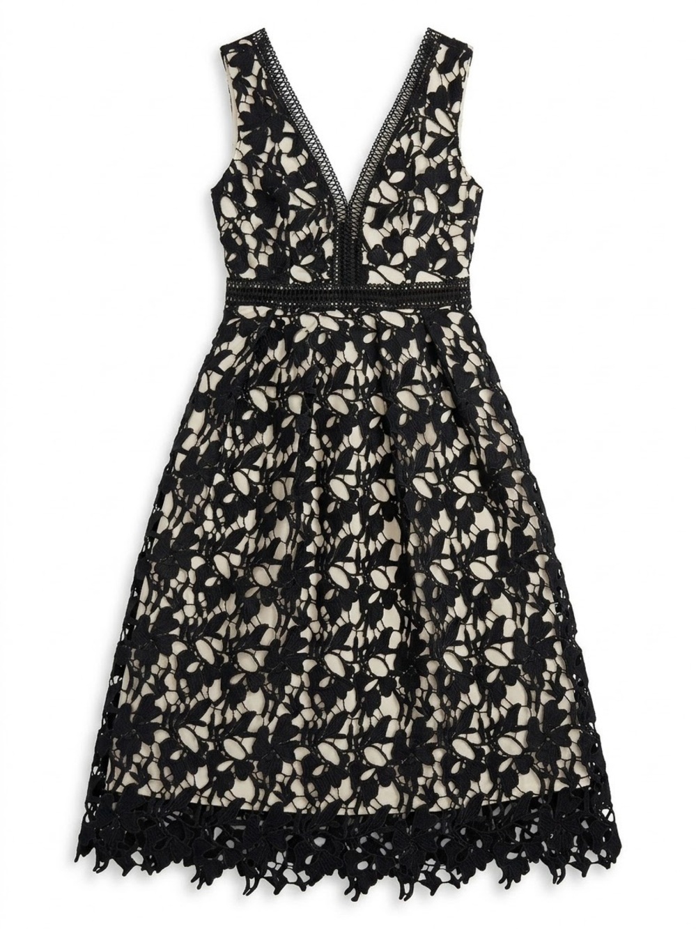 Romeo + Juliet Couture Black Floral Guipure Lace Midi Dress Nude Lining S Party
